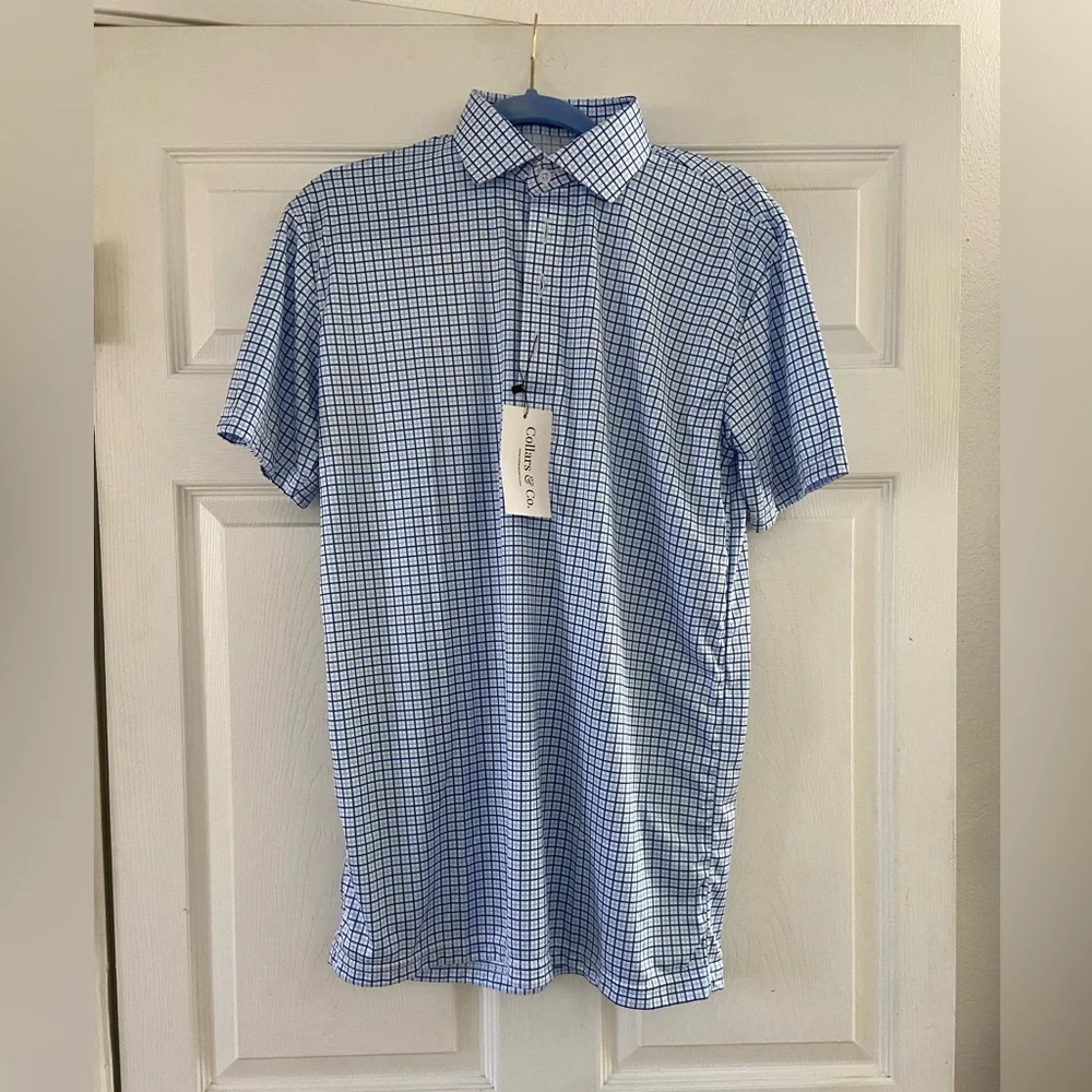 NWT Collars & Co. Semi-Spread Collar Polo Blue Tattersall Mens Size Medium Tall - Picture 2 of 11